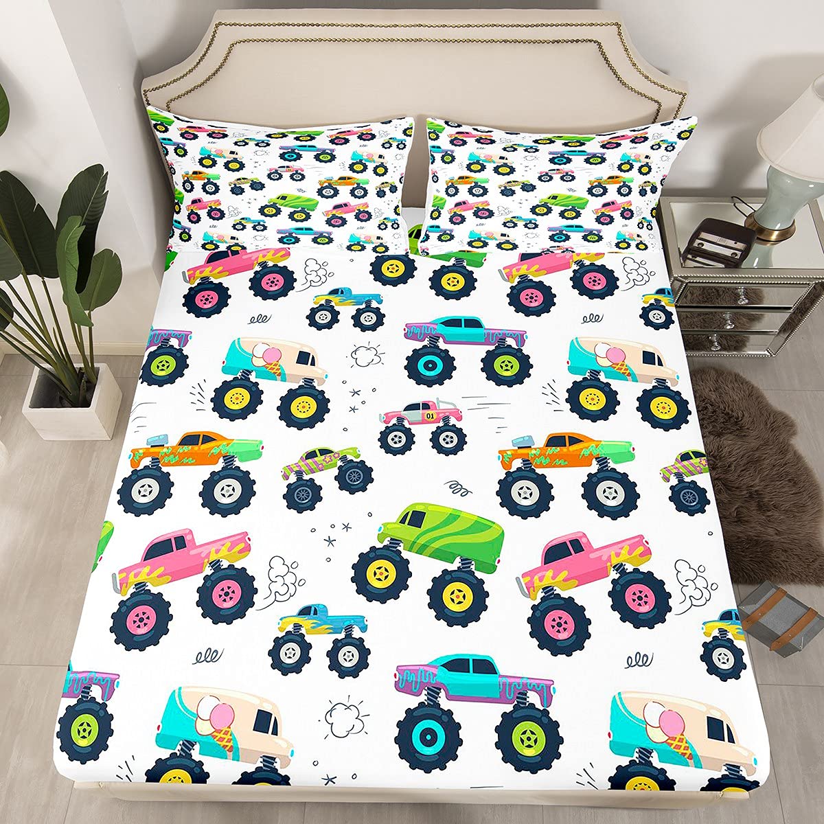 Loussiesd Cars Bed Sheet Set Cute Monster Truck Bedding Sheets Kids Boys Heavy Machinery Equipment Bedding Fitted Sheet Cool Vehicle Modified Colorful Bed Cover 2Pcs Single Size