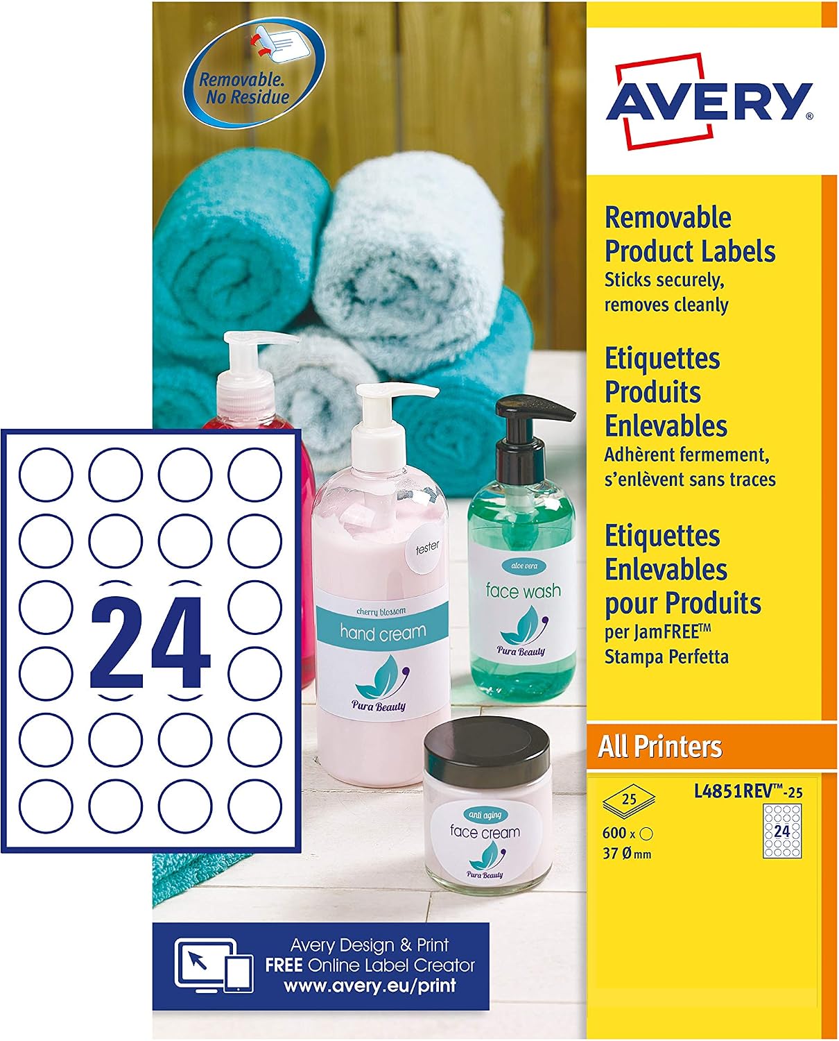 Avery Removable, Printable, Multi Purpose Circle Labels, Multi Surface, diameter 37 mm, White, 24 Labels per Sheet