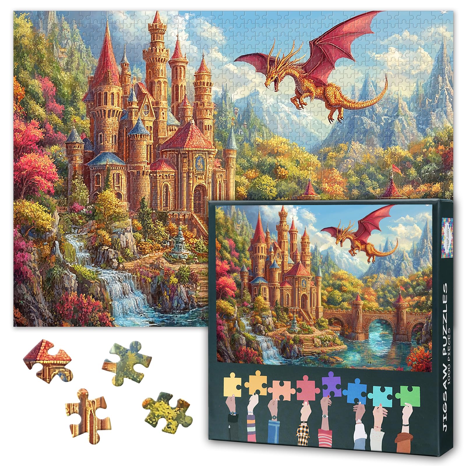 Photo 1 of 1000 Piece Puzzle for Adults Castle Flying Dragon Jigsaw Puzzles Fantasy Creature Puzzle Home Wall Decoration Challenging & Vivid Detail Ideal for Puzzles Enthusiasts Finished Size: 70x50cm