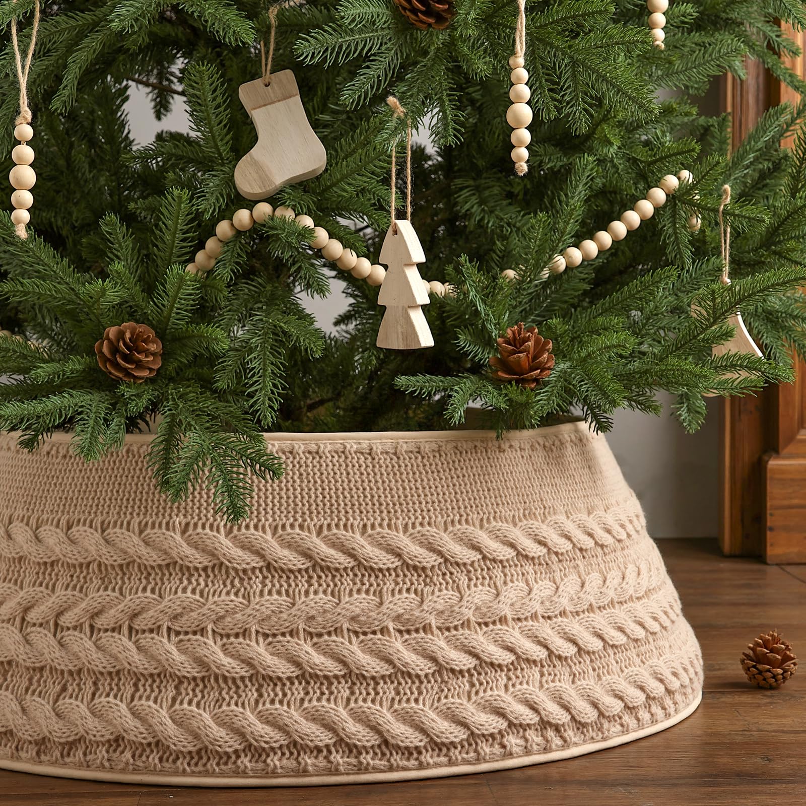 Photo 1 of Treory Knitted Christmas Tree Collar: Farmhouse Beige Cable Knit Styles Christmas Tree Collars for Artificial Trees, Rustic Handmade Tree Ring Tree Skirt for Merry Christmas Holiday Home Décor Gifts