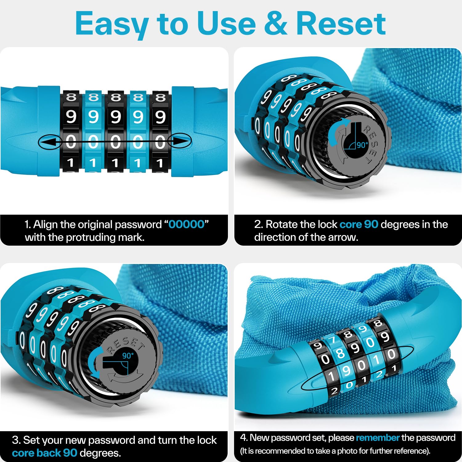 Sportneer Fahrradschloss, Zahlenschloss mit Zahlen und hoher Sicherheitsstufe Kettenschlösser Fahrrad 5-stellige Rückstellbar Radabsperrung mit Kette aus Gehärtetem Stahl 6 MM x 100/110/120CM 4