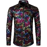 ZEROYAA Men's Luxury Gold Prom Design Slim Fit Long Sleeve Button up Party Dress Shirts