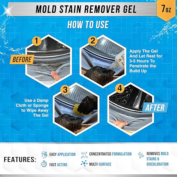 ACTIVE MOLD STAIN REMOVER GEL CLEANER HEAVY DUTY STAIN CLEANER FOR FRONT LOADER WASHING MACHINE SEAL, BATHROOM GROUT, SHOWER, CAULK – FRONT LOAD WASHER CLEANING SOLUTION – 7 FL OZ