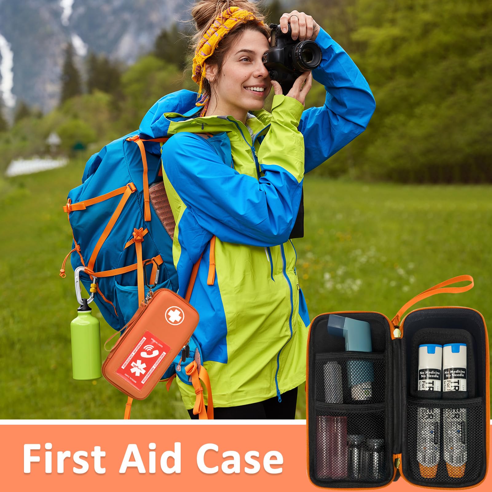 Klawdsky EpiPen Carry Case, Hard Emergency Medical Bag with Carabiner-for 2 EpiPens, Asthma Inhaler, Auvi-Q,Eye Drops,Anti-Histamine,Allergy Medication,Diabetes Travel Case for Adults (Normal Size)
