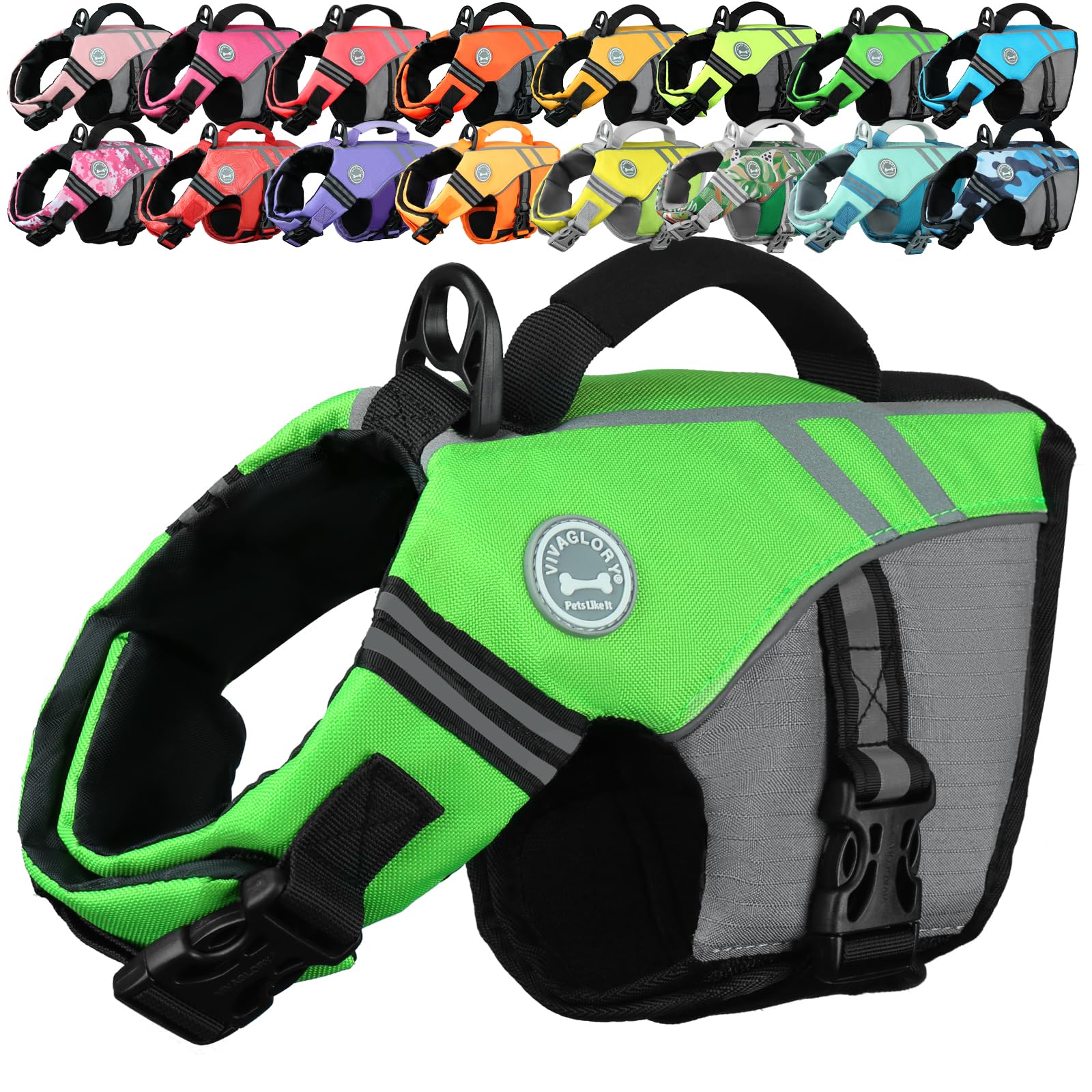 VIVAGLORY Sports Style Dog Life Jacket, Dog Buoyancy Jacket for Swimming & Boating, Ripstop & Buoyancy for Doggy, Life Vest with Handle, XS, Bright Green