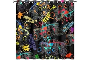 Kazynee Cool Monster Truck Room Darkening Blackout Window Curtains with Grommets,Colorful Cartoon Paint Style Monster Trucks Doodle Energy Efficient Window Treatment 2 Panels 63L x 31.5W