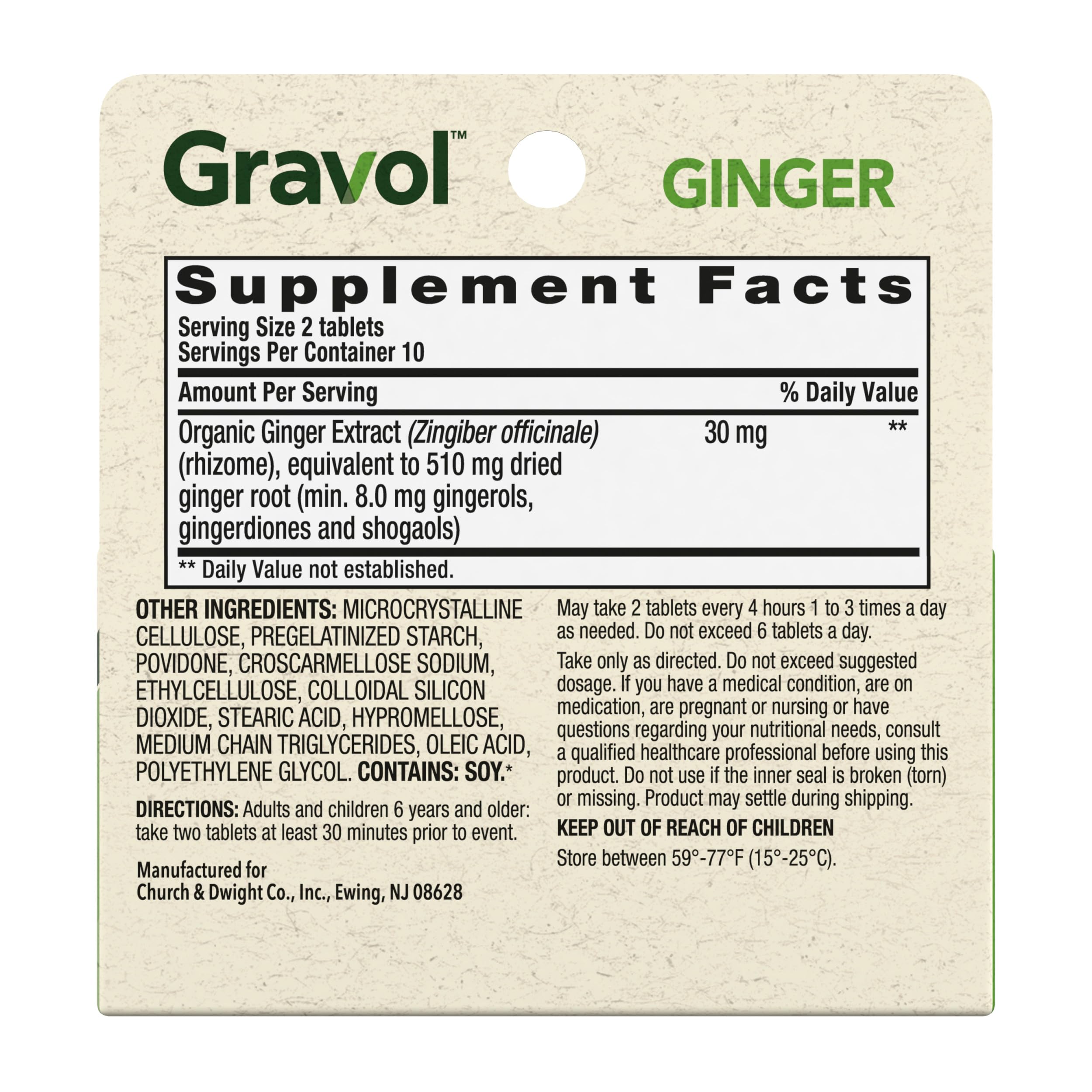 Gravol Ginger Tablets for Upset Stomach and Nausea, 20ct​