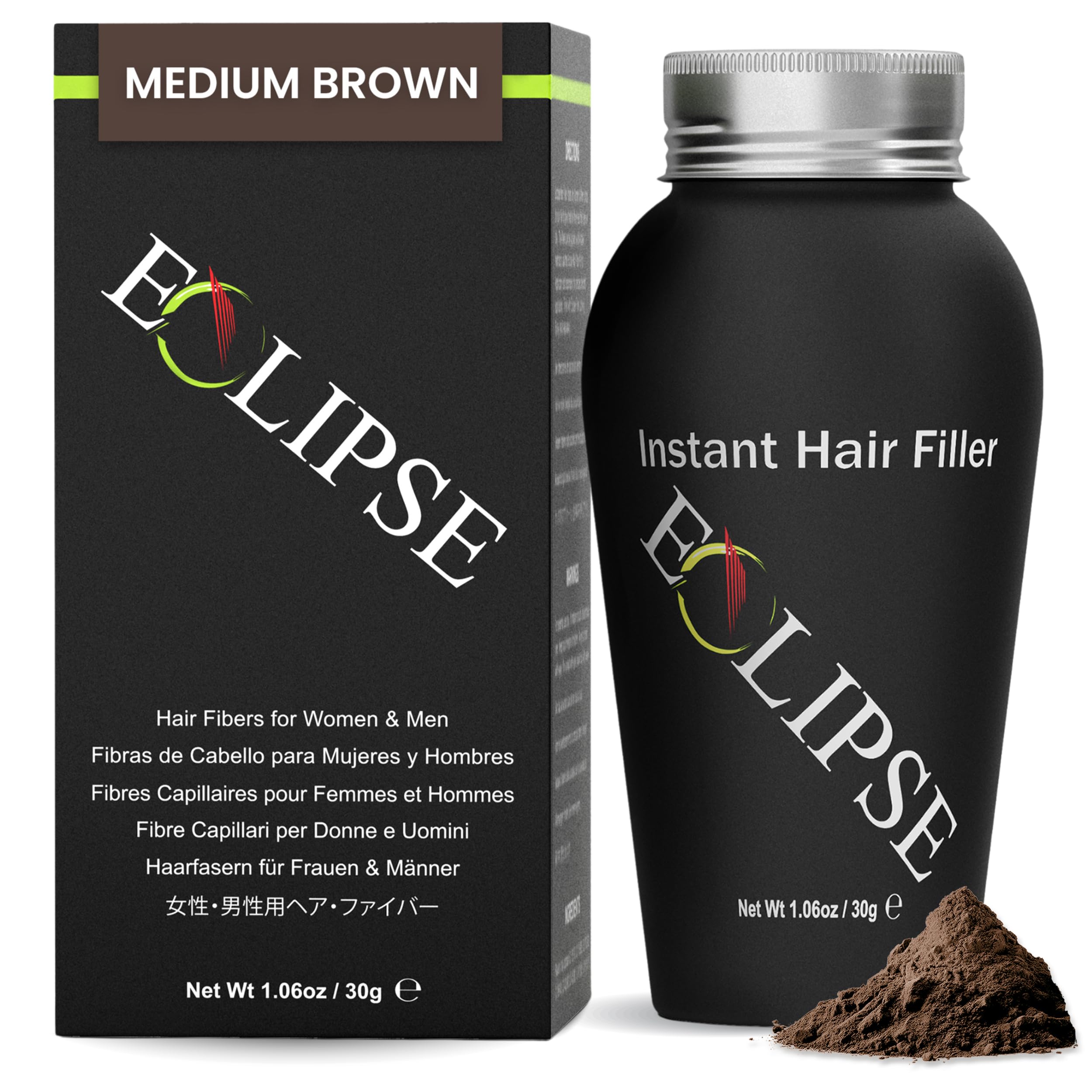 ECLIPSE Hair Fibres, Medium Brown, Natural Look Hair Building Fibres for Thinning Hair for Women & Men, Conceals Visible Hair Loss, 30g