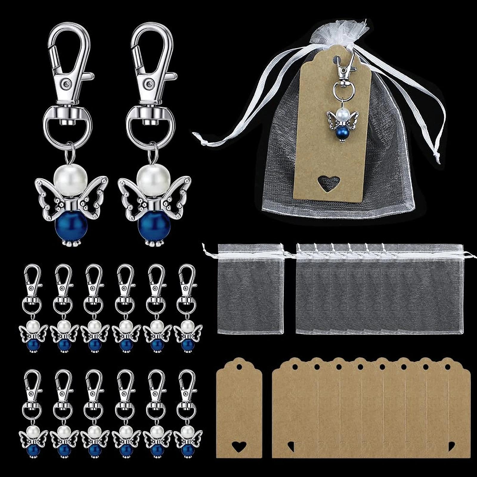 UBERMing Guardian Angel Keychain 30 Pack Blue Pearl Angel Pendant Keyring with Organza Bags and Thank You Tags for Guests Baby Shower Wedding Christening Souvenir
