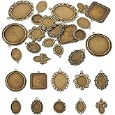 Craftdady 20pcs Blank Bezel Pendant Trays Oval Flower Square Flat Round Tibetan Pendants Antique Bronze Cabochon Bezel Settings Frame Metal Cameo for Photo Pendant Jewelry Making