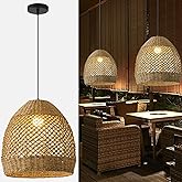 Teru Ji Kaikang Rattan Pendant Light 13.77" Rustic Hand-Woven Wicker Hanging Light 1-Light Water Plants Rattan Chandelier for
