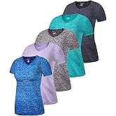 [5 Pack] Women’s Dry-Fit Wicking V-Neck T Shirts Activewear Running Yoga Workout Gym Tee Top