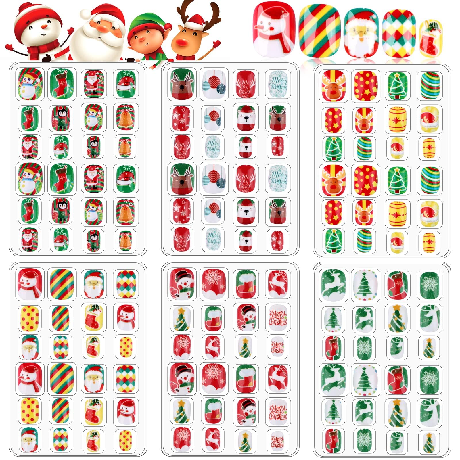 EBANKU 6 Packs Christmas Kids False Nails Press on Nail, Children Full Cover Short False Fingernails 3D Santa Claus Snowman Christmas Tree for Girls Kids (C)