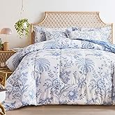 Flysheep Botanical Bed in a Bag Queen Size 7 Pieces, Reversible Blue and White Flower Printed Comforter Bedding Set (1 Comforter, 1 Flat Sheet, 1 Fitted Sheet, 2 Pillow Shams and 2 Pillowcases)