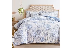 Flysheep Botanical Bed in a Bag Queen Size 7 Pieces, Reversible Blue and White Flower Printed Comforter Bedding Set (1 Comfor