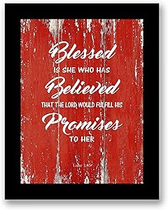 Blessed Is She Who Has Believed Quote Motivational - FRAMED - Canvas Print Home Decor Desk Stand and Wall Art, Black Real Wood Frame, Red, 7x9