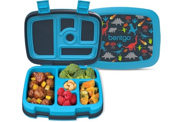 Bentgo® Kids Prints Leak-Proof, 5-Compartment Bento-Style Kids Lunch Box - Ideal Portion Sizes for Ages 3-7, Durable, Drop-Proof, Dishwasher Safe, & Made with BPA-Free Materials (Dinosaur)