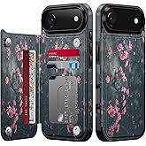 FUNMIKO for iPhone 17 Air Wallet Case with Card Holder, RFID-Blocking, Military-Grade Protection & UV-Printed Artwork, Magnetic Closure with Leather Kickstand - Mystic Blooming Plum