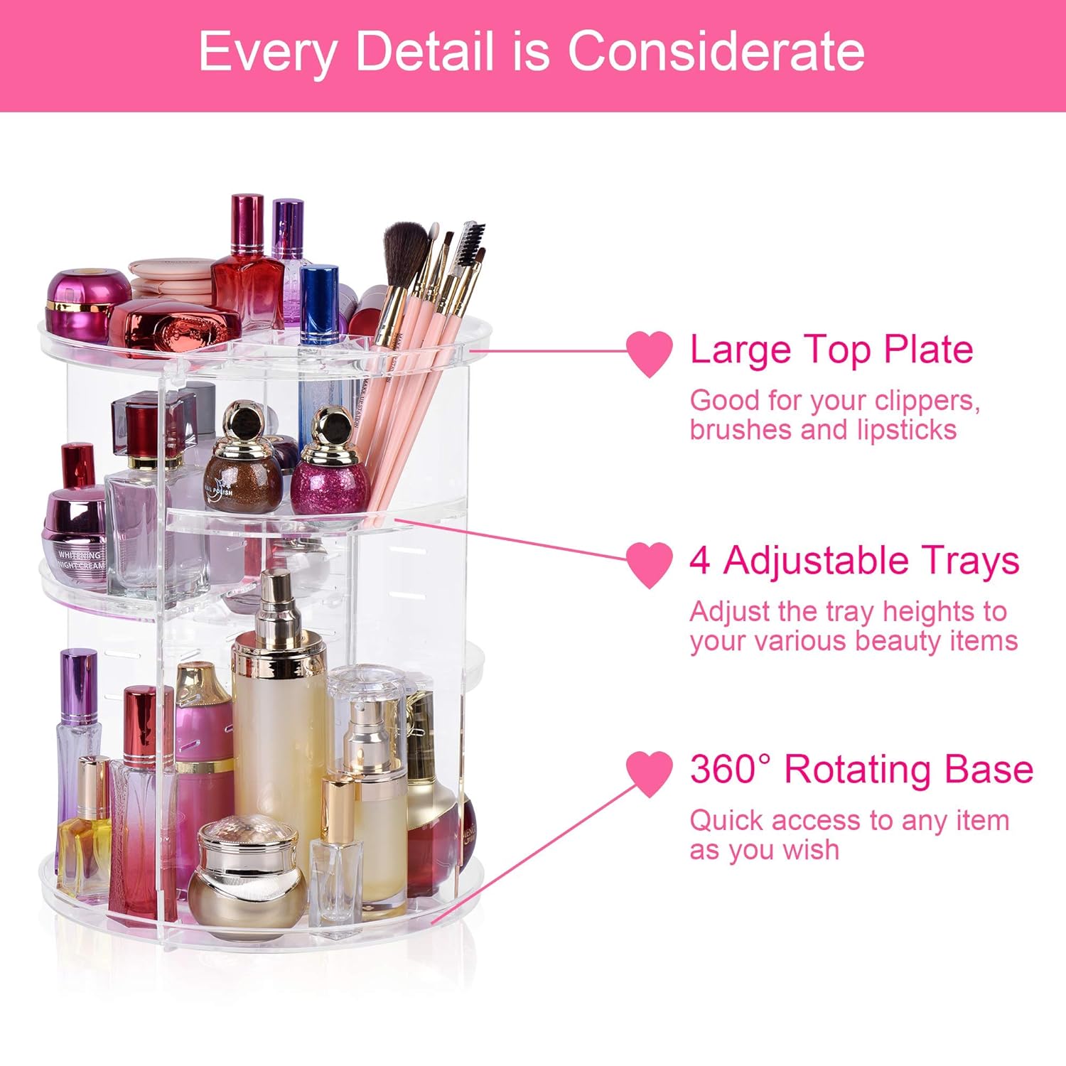 Easyhouse 360° Rotating Makeup Organizer, Adjustable Multi-Function Cosmetic Storage Organizer, Large Capacity Jewelry Perfumes Display Stand Box (Clear): Beauty