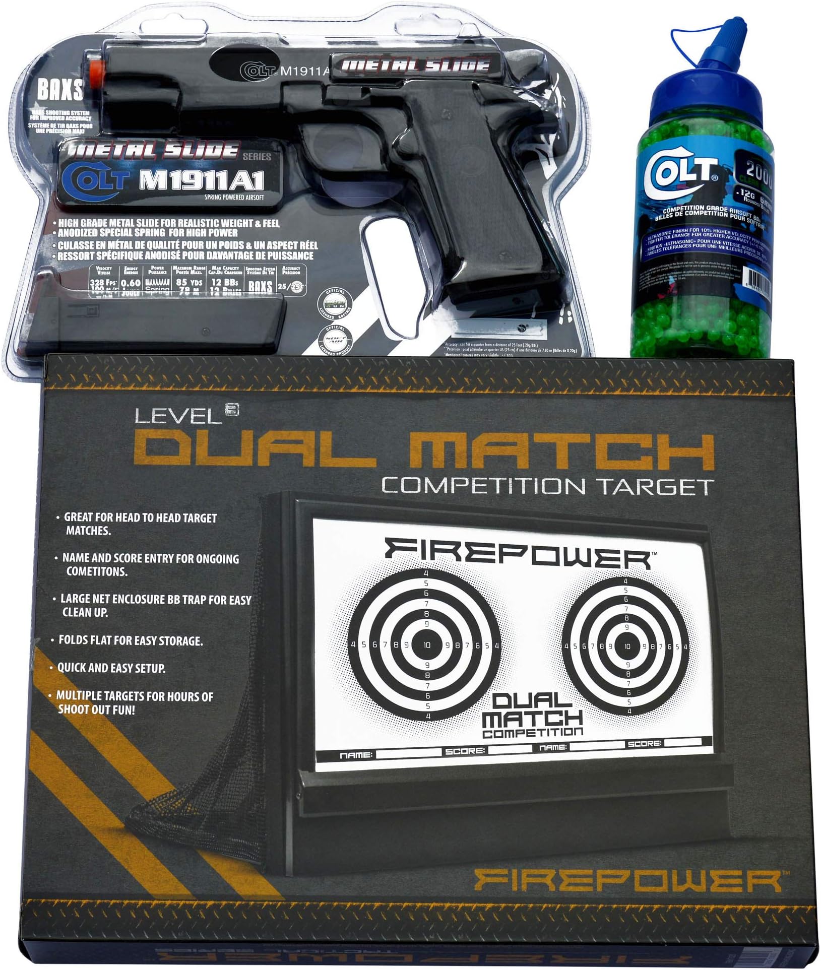 LNR Colt M1911A Spring Powered Air Soft Pistol with Metal Slide, Dual Match Target and 12 Gram BB's