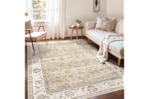 WITSHOCK 5x7 Washable Rug, Area Rugs for Living Room Bedroom, Non Slip Water Repellent Floor Carpet, Vintage Rug for Entryway Bedroom Kitchen Dining, Home Office-Light Yellow/Light Ivory/Off-White