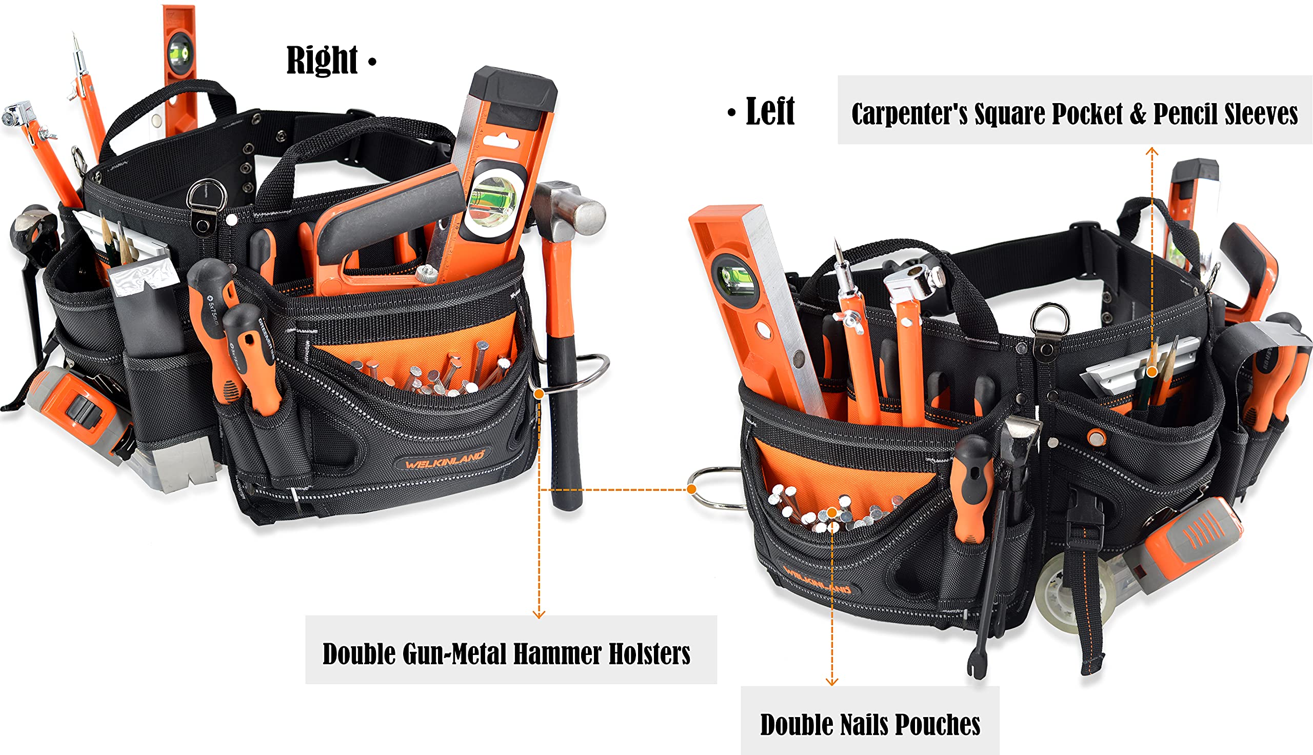 WELKINLAND 18-pocket Carpenter's Tool Belt - Construction & HVAC Tool Pouch for Men