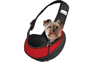 Expandable Pet Carrier Sling Bag - Small Dog, Puppy and Cat Carrier Front Shoulder Backpack w/Harness Strap - Carrying Pouch for ESA, Animal Travel - PU Leather Bottom, Mesh Pocket by Katziela (Red)