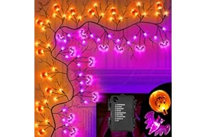 JO.DEVIVRE 9FT 72LED Halloween Decorations Willow Vine Twig Garland with 8 Modes Orange Purple Lights & Timer &12 Pumpkin Bat,Battery Operated Halloween Garland for Mantel Table Fireplace Indoor Home Decor