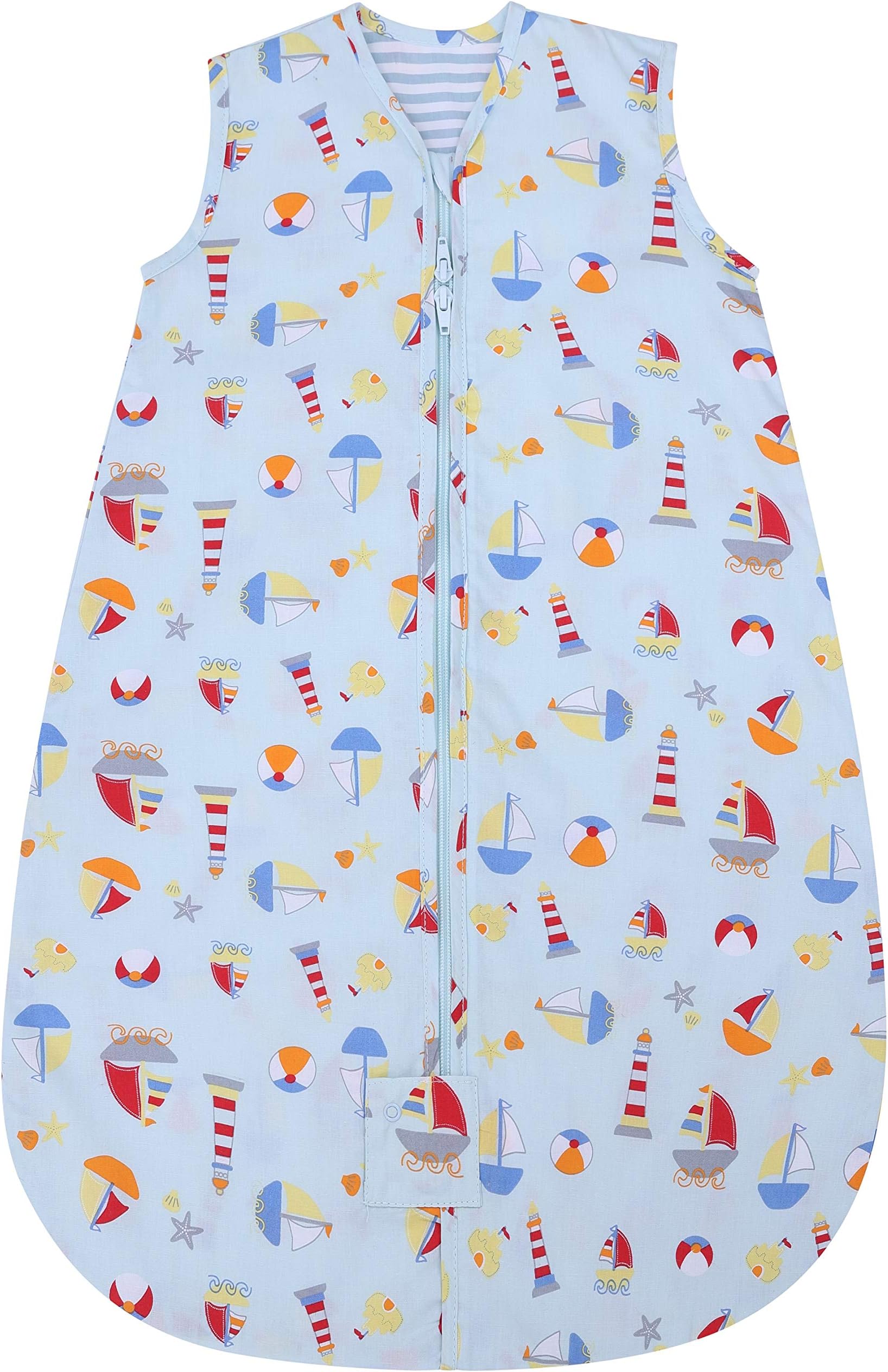 Snoozebag Baby Sleeping Bag Hot Weather Summer 0.5 Tog Beaches & Boats Design 100% Cotton Unisex Nursery Multi-Coloured Front Zip (18-36 Months)