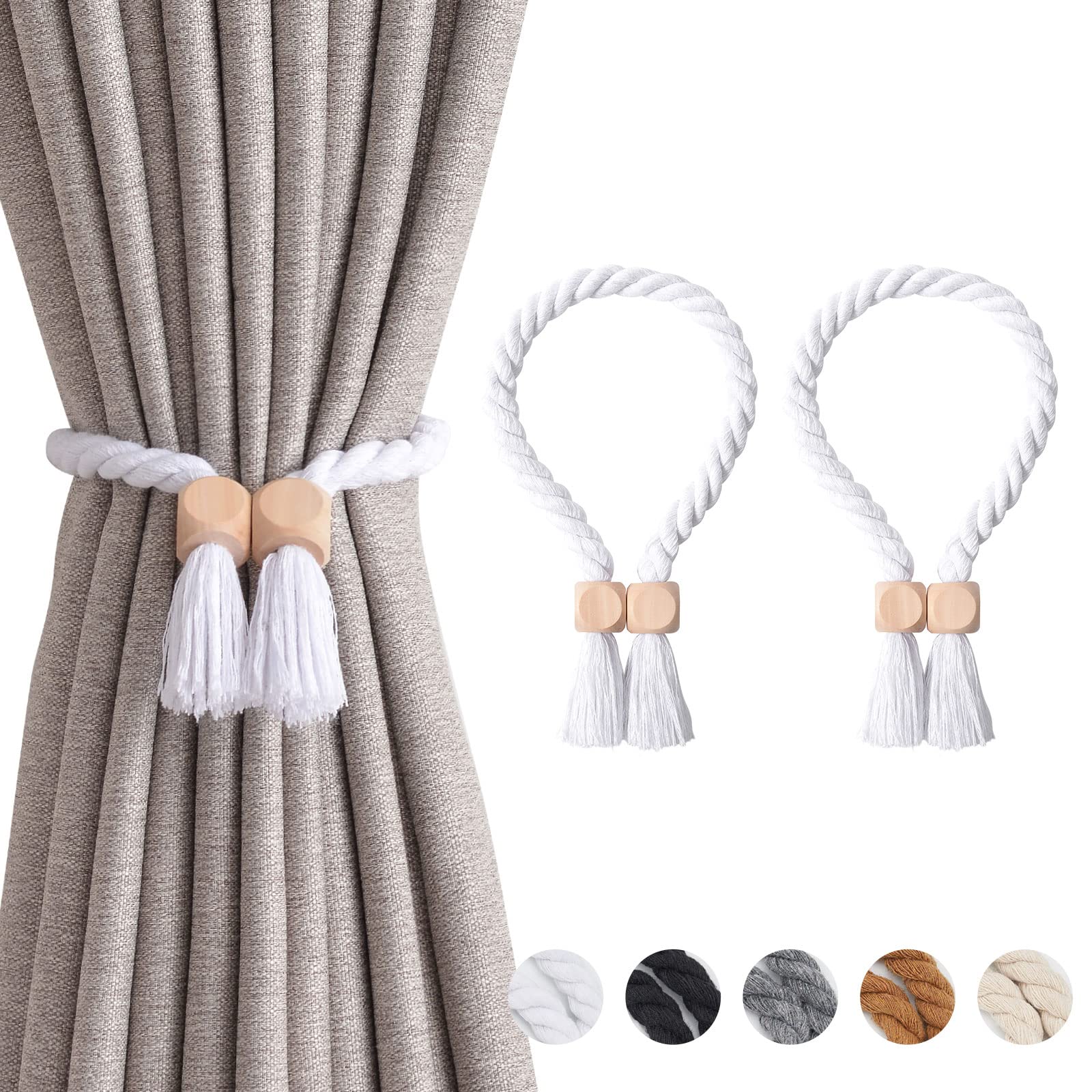 Pretty Jolly 2 Pack Wooden Cube Magnetic Curtain Tiebacks Boho Home Decor Drape Tie Backs Natural Cotton Hand Woven Rope Curtain Holdbacks for Thin & Thick Home & Office Window Draperies (White)