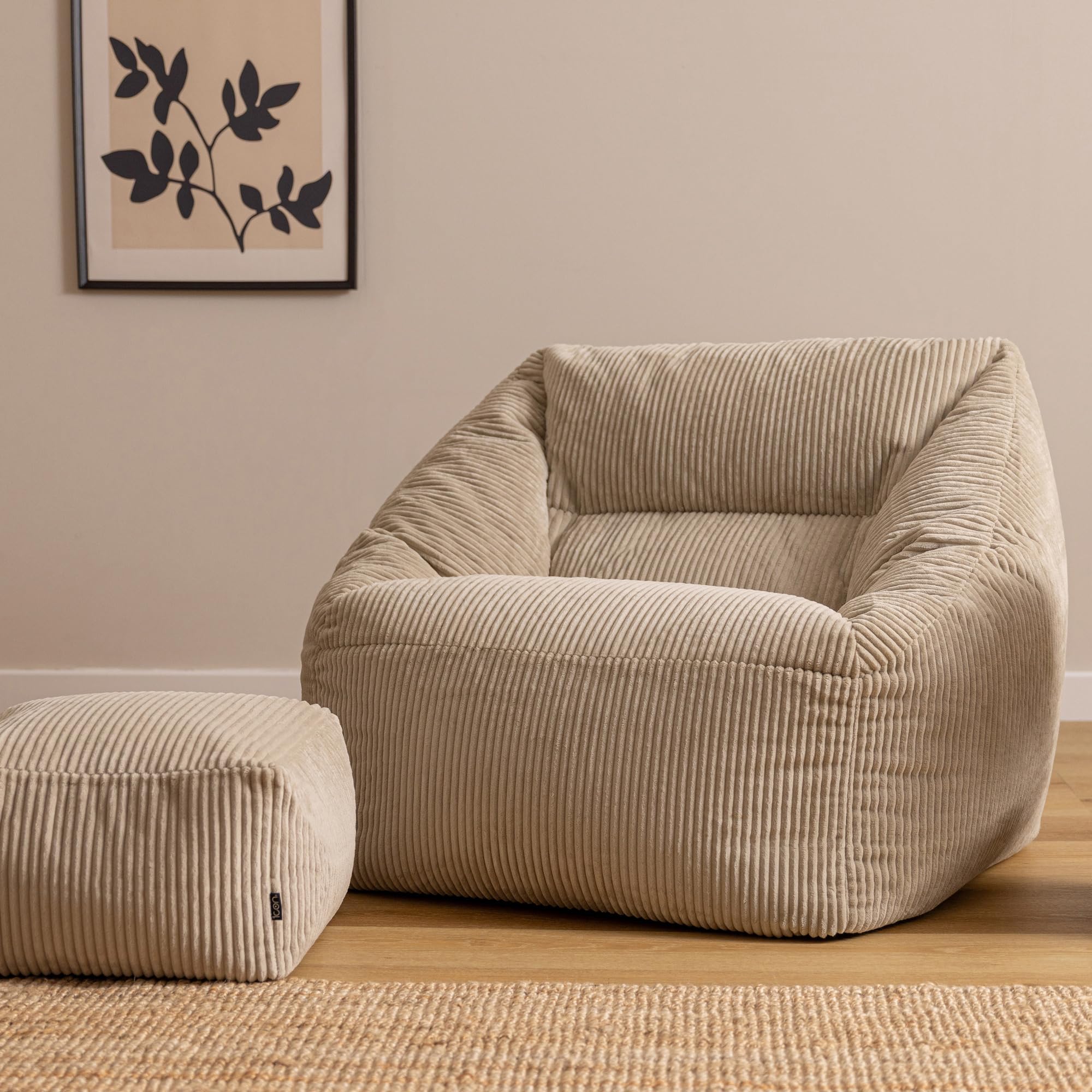 Icon Natalia Sitzsack Sessel mit Hocker für Erwachsene, Beige, Flauschiger Cord Stoff, Riesen Sitzsack Cord mit Füllung, Bean Bag Chair, Bequemer Sessel Wohnzimmer, Lounge, Schlafzimmer, Büro 3