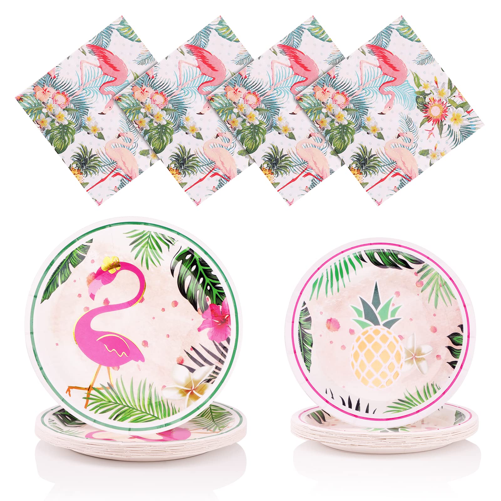 60 Pcs Party Tableware Set,Flamingo Paper Plates and Napkins,Tableware Party Supplies,Green Dinnerware Serves,Hawaiian Dinner Dessert Plates for Baby Shower Girls Birthday Party Wedding Decorations