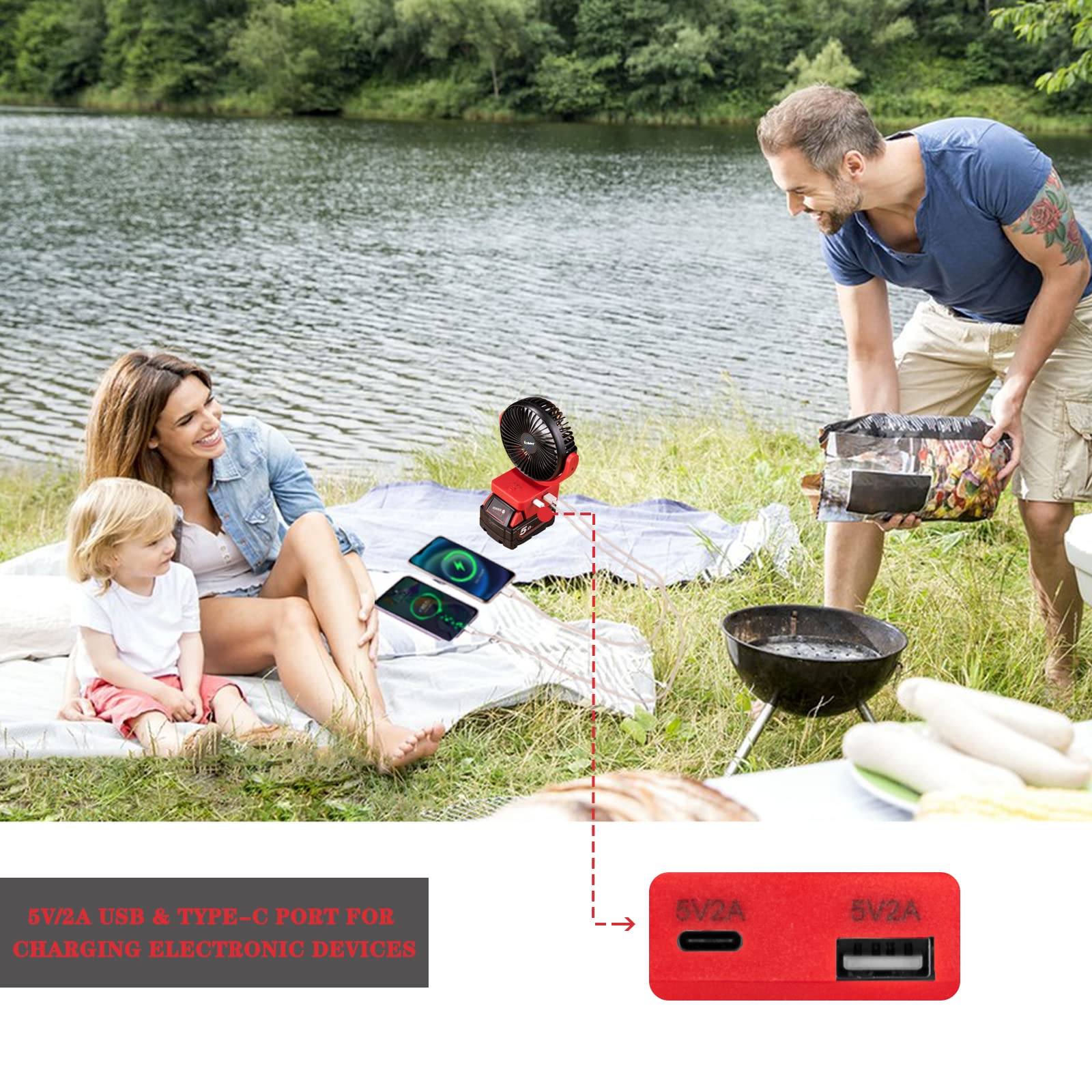 Rozlchar Cordless Fan Compatible For Milwaukee 18V Battery, Work for 48-11-1820, 48-11-1850, Jobsite Fan With USB A/C Fast Charging For Camping Workshop and Construction Site(No Battery)