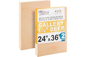 U.S. Art Supply 24" x 36" Unfinished Cradled Wood Panels for Painting, Gallery 1-1/2" Deep (2 Pack) - Artist Depth Wooden Wall Canvases - Mixed-Media Craft, Acrylic, Oil, Encaustic, Paint Pouring