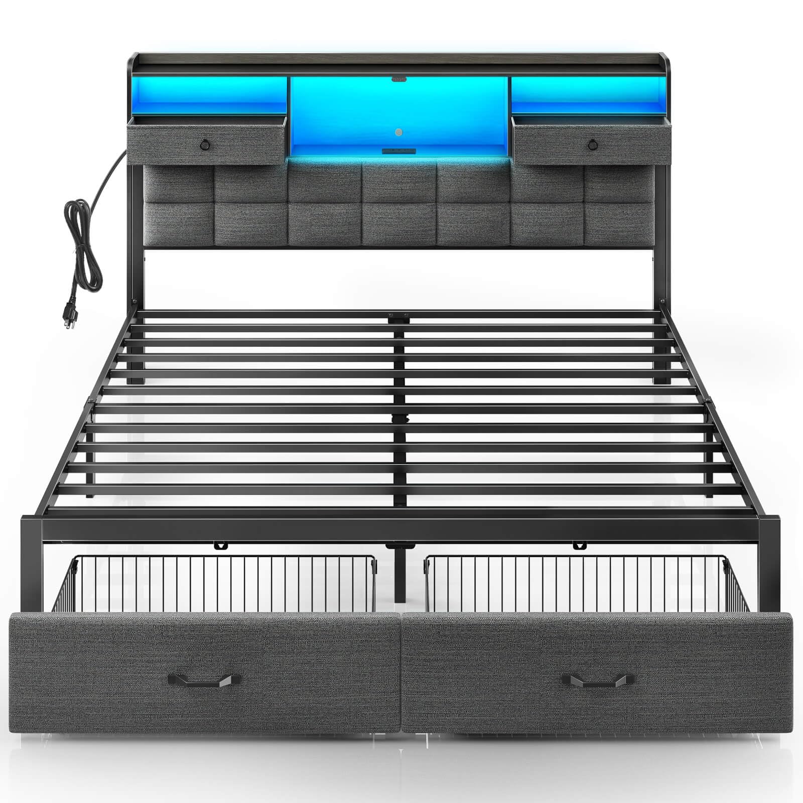 Photo 1 of Rolanstar Bed Frame King Size with Drawers and Charging Station, Upholstered Platform Bed with Storage Headboard and LED Light, Heavy Duty Metal Support, No Box Spring Needed, Noise Free, Grey