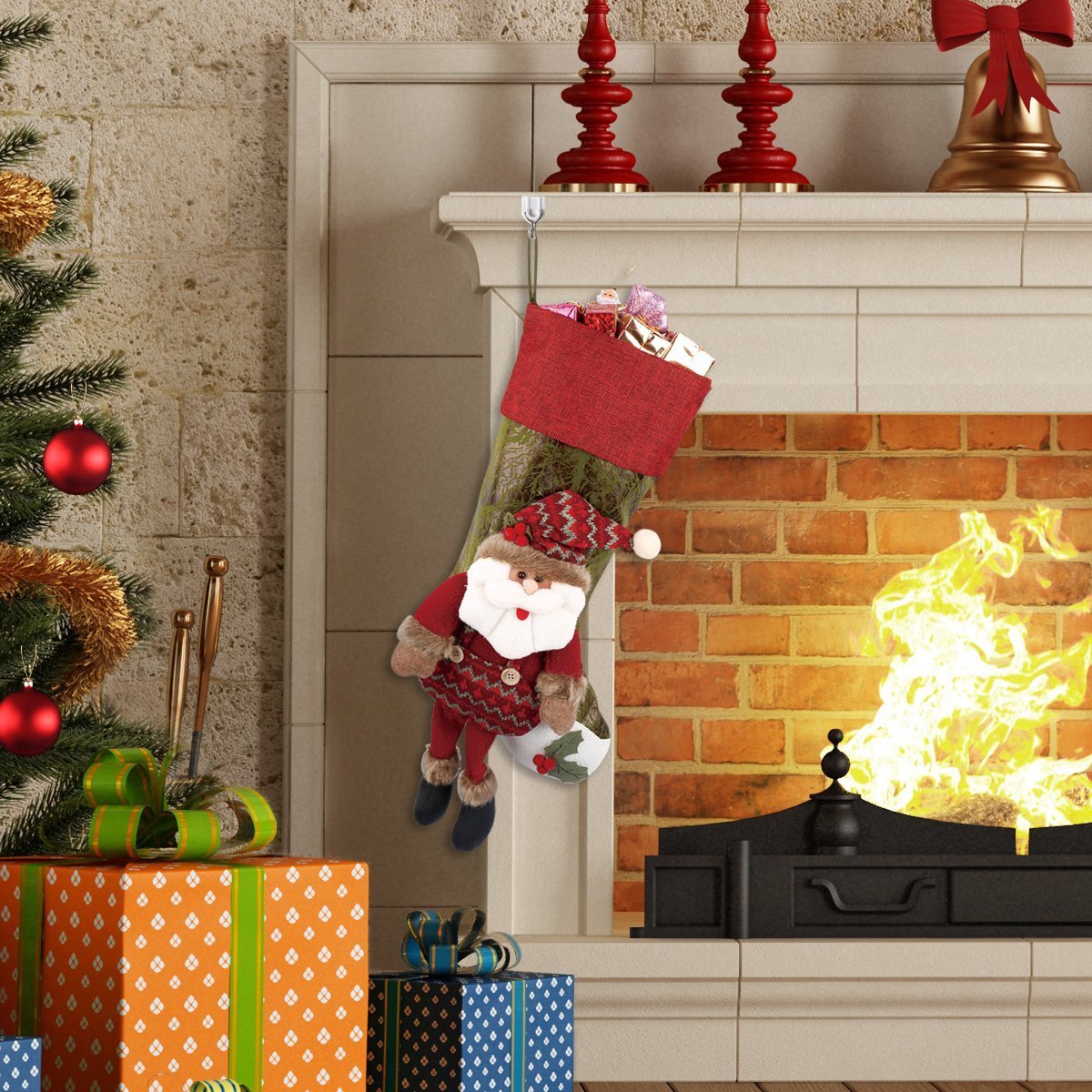 Christmas Stocking Sock, TORUBIA Tree hanging sock Christmas Larger Sock Candy bags With Lovely Santa Reindeer Snowman Decoration 8.6×21.2 Inch Perfect for Christmas stocking (Santa Claus)