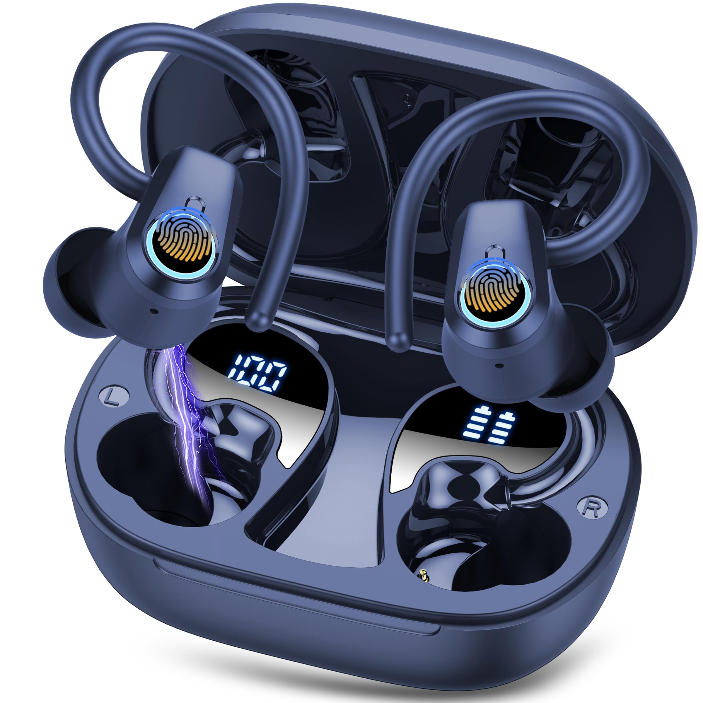 Wireless Earbuds, Bluetooth 5.3 Headphones with 4 ENC Noise Canceling Mic, 50H Stereo Dual LED Display Ear Buds, Sport Wireless Earphones with Earhooks, IP7 Waterproof Wireless Headphones Gym, Blue