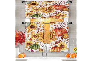 Culudea Sunflower Autumn Leaves Kitchen Curtains Fall Retro Halloween Window Curtains Valance and Tier Set 36 Inch Rod Pocket Short Tier Curtain for Room, Cafe Kitchen Decor