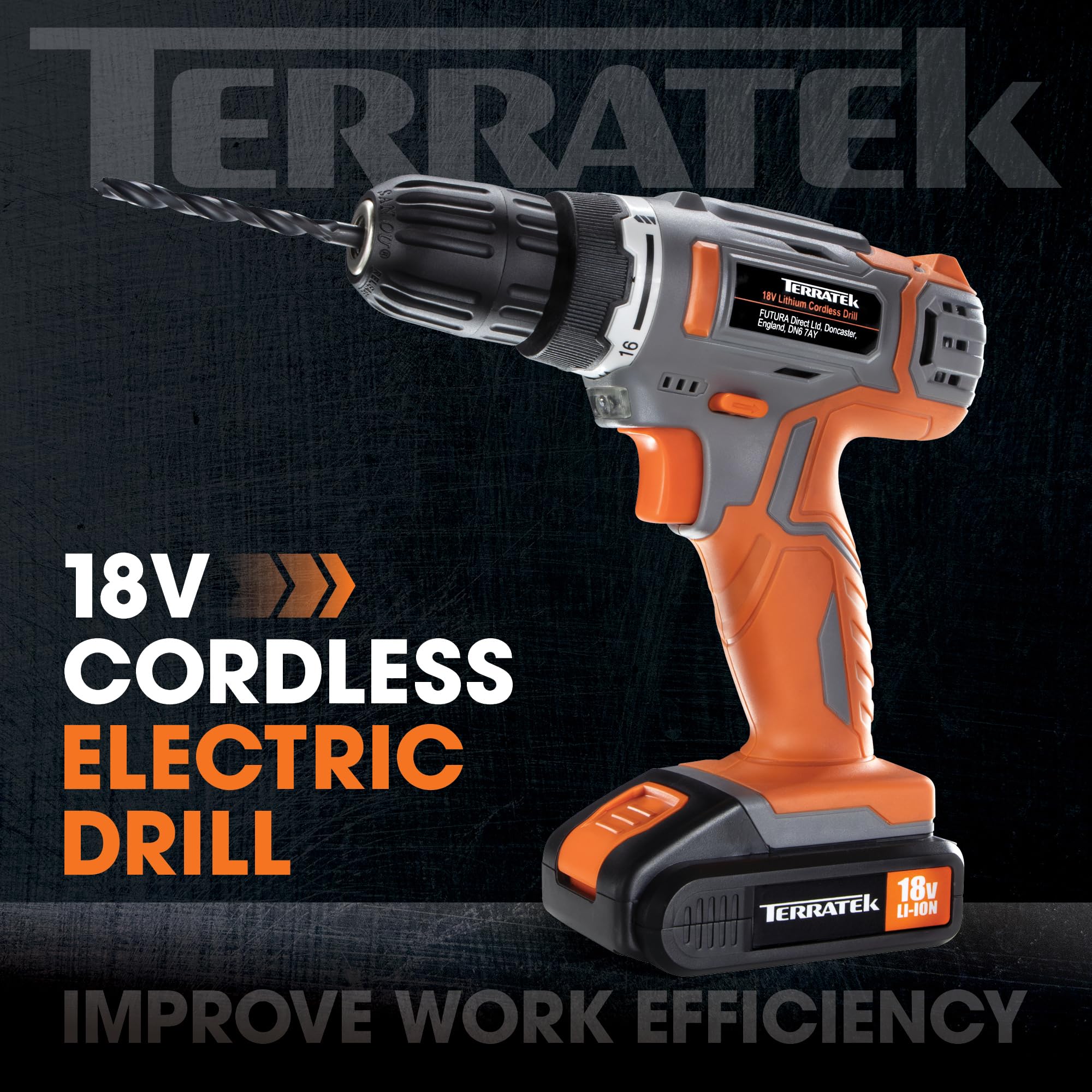 Terratek Cordless Drill Driver 18V Lithium-Ion, 13Pc Electric Screwdriver Set, LED Work Light, Electric Drill Quick Change Power Drill Battery and Charger Included