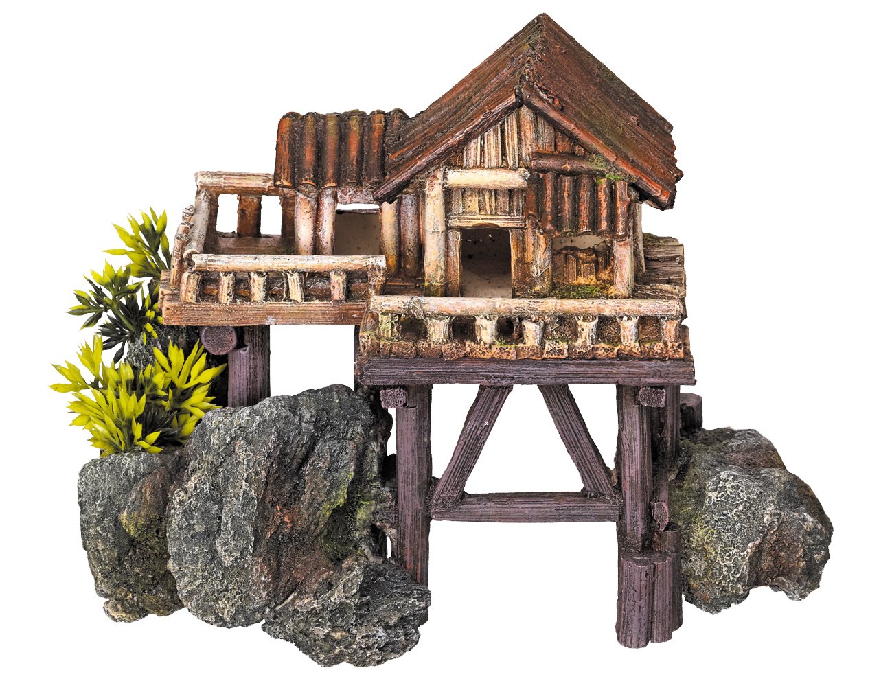 Nobby Wooden House with Plants Aquarium Ornaments, 23 x 12.3 x 17 cm
