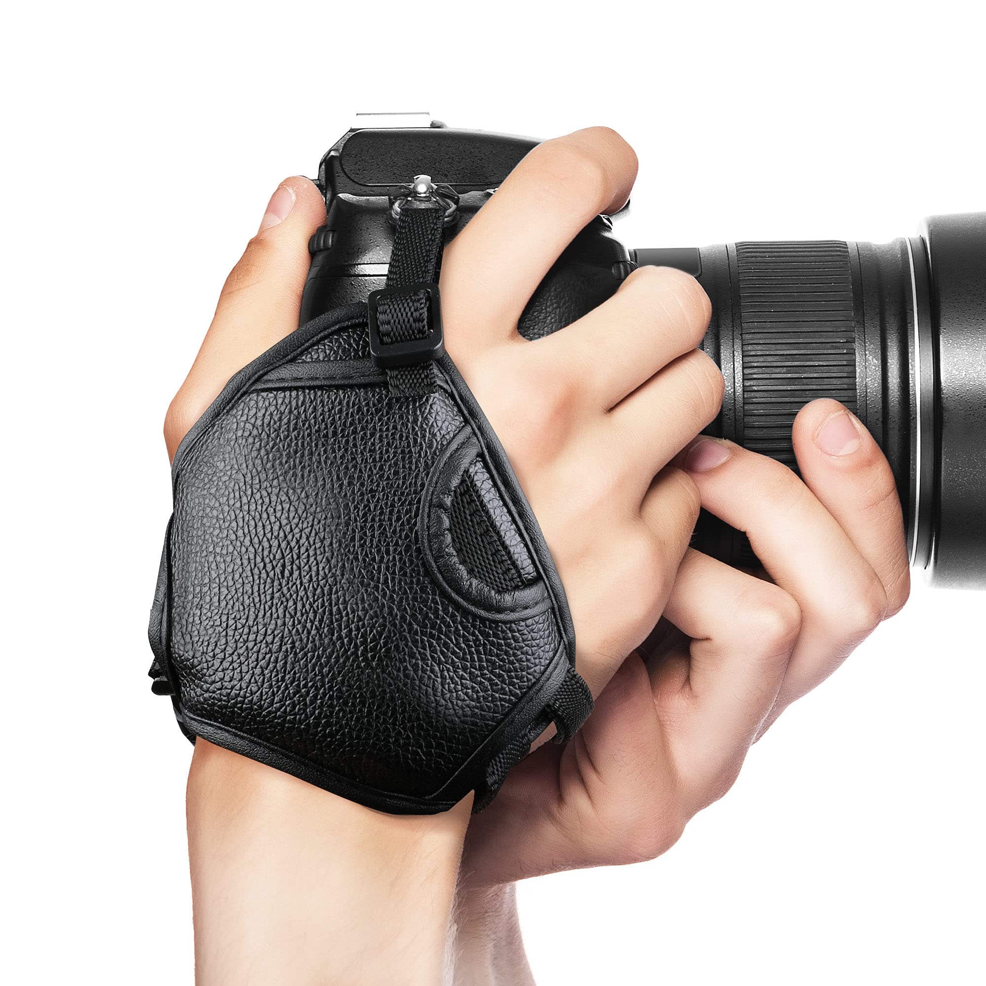 CELLONIC Hand Grip Camera Wrist Strap UK Secure, Comfortable Quick Release Faux Leather Camera Strap 1/4” Mirrorless, Compact, DSLR Hand Strap Harness Compatible with Canon Sony Nikon Olympus - Black