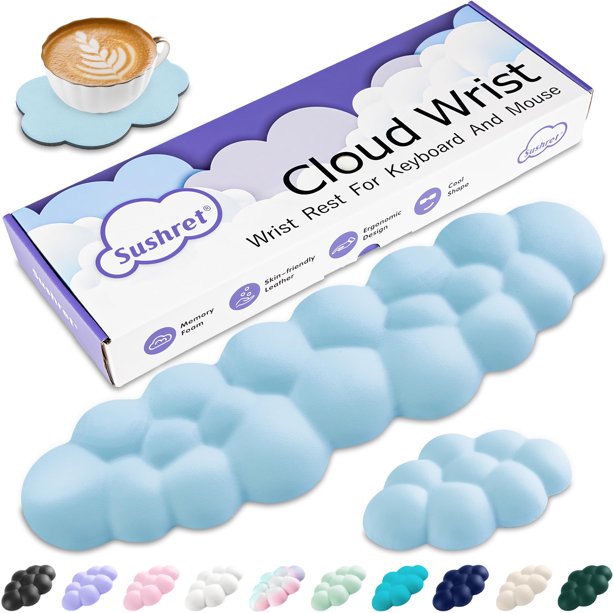 Sushret Cloud Wrist Rest Keyboard, Cloud Palm Rest Set with PU Leather Memory Foam, Cute Keyboard Rest for Wrist Support and Arm Rest, Desk Cloud Wrist Pad for PC/Gaming/Hand Cushion/Computer-Blue