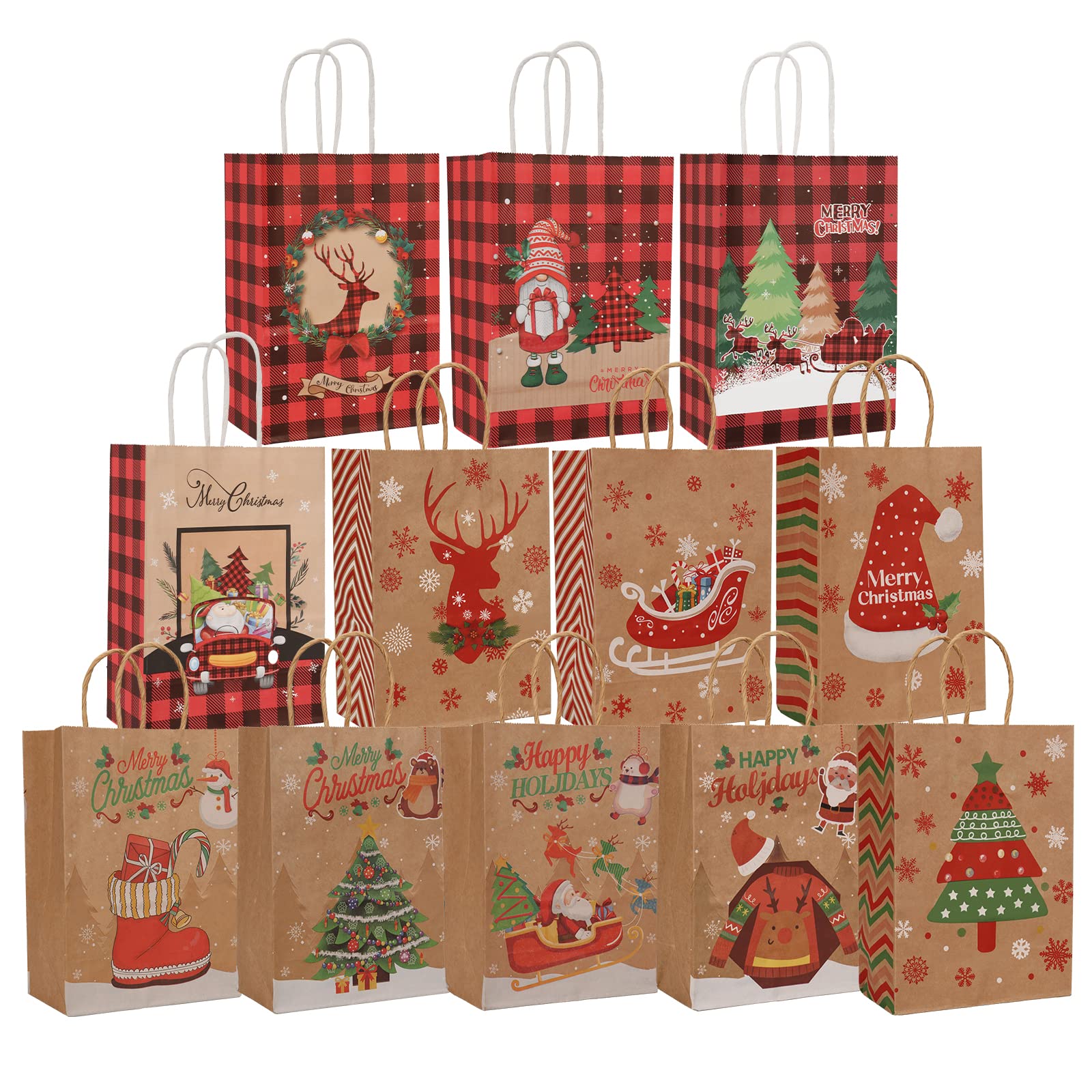 CSYY Xmas Kraft Gift Bags, 12 PCS Christmas Paper Bags with Handle, Party Gift Bags for Christmas Supplies Present, Xmas Paper Party Favor Gift Bags for Kids (21 x 15 x 8 cm)