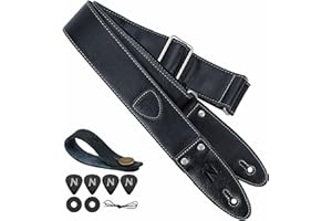 Nefelibata Guitar Strap, 2" Full Grain Leather Guitar Straps with Pick Pocket for Bass, Electric & Acoustic Guitar, Come with Guitar Picks,Strap Button and Strap Locks(Mysterious Black)
