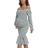 Maternity Spring Floral Midi Bodycon Dresses, Short Puff Sleeve Square Neck Ruffle Hem Mermaid Baby Shower Dress Grey XL