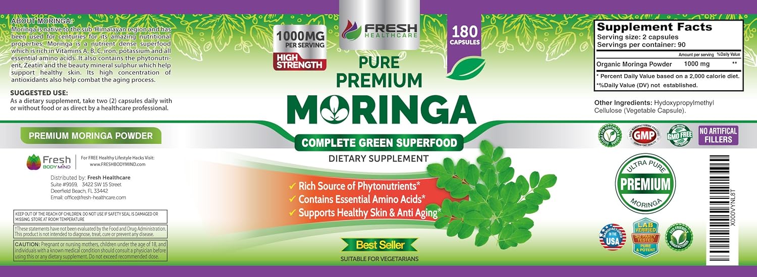 Moringa Oleifera 180 Capsules – 100% Pure Leaf Powder - Max 1000mg Per Serving - Complete Green Superfood Supplement - Full 3 Month Supply - Pure Miracle Tree Moringa Super Greens Powder Vegan Caps: Health & Personal Care