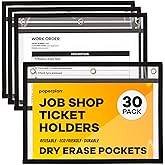 Job Ticket Holders 9x12 - (30 Pack), 8.5 x 11 Letter Size, Dry Erase Pockets, Clear & Black Plastic Sleeves - Reusable, Water-Resistant