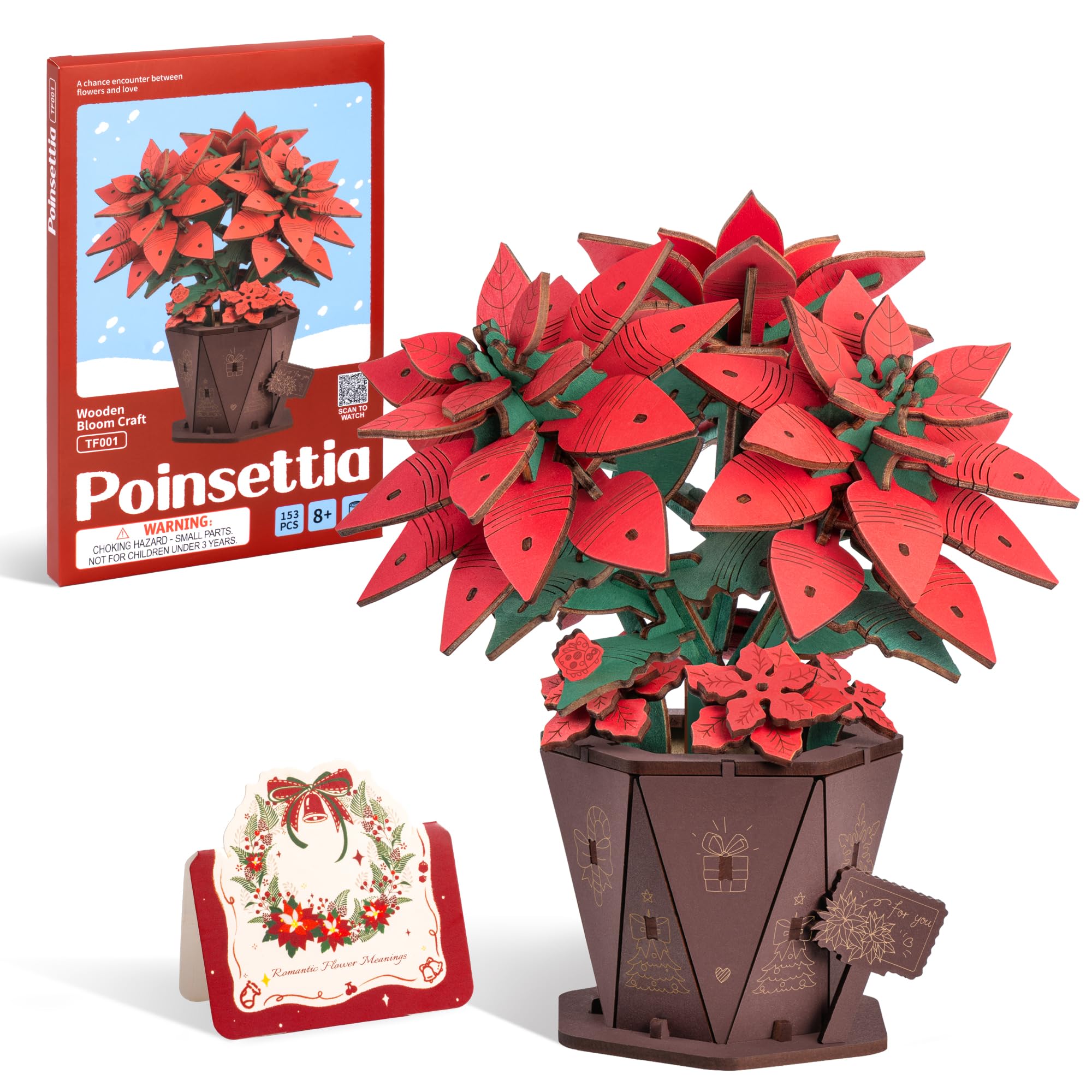 ROBOTIME 3D Puzzle Poinsettia, Wooden Artificial Flower Model Kits for Adults to Build, Home Decor Accessories, DIY Construction Craft, Creative