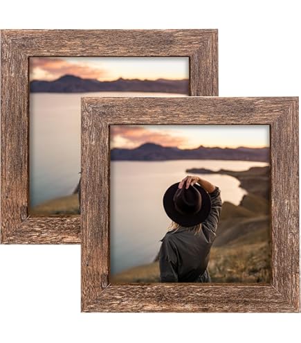 Set Di 2 Cornici Quadrate Rustiche 5x5 Pollici (12,7x12,7 Cm) – In MDF Effetto Legno, Con Vetro Organico, Da Parete O Tavolo
