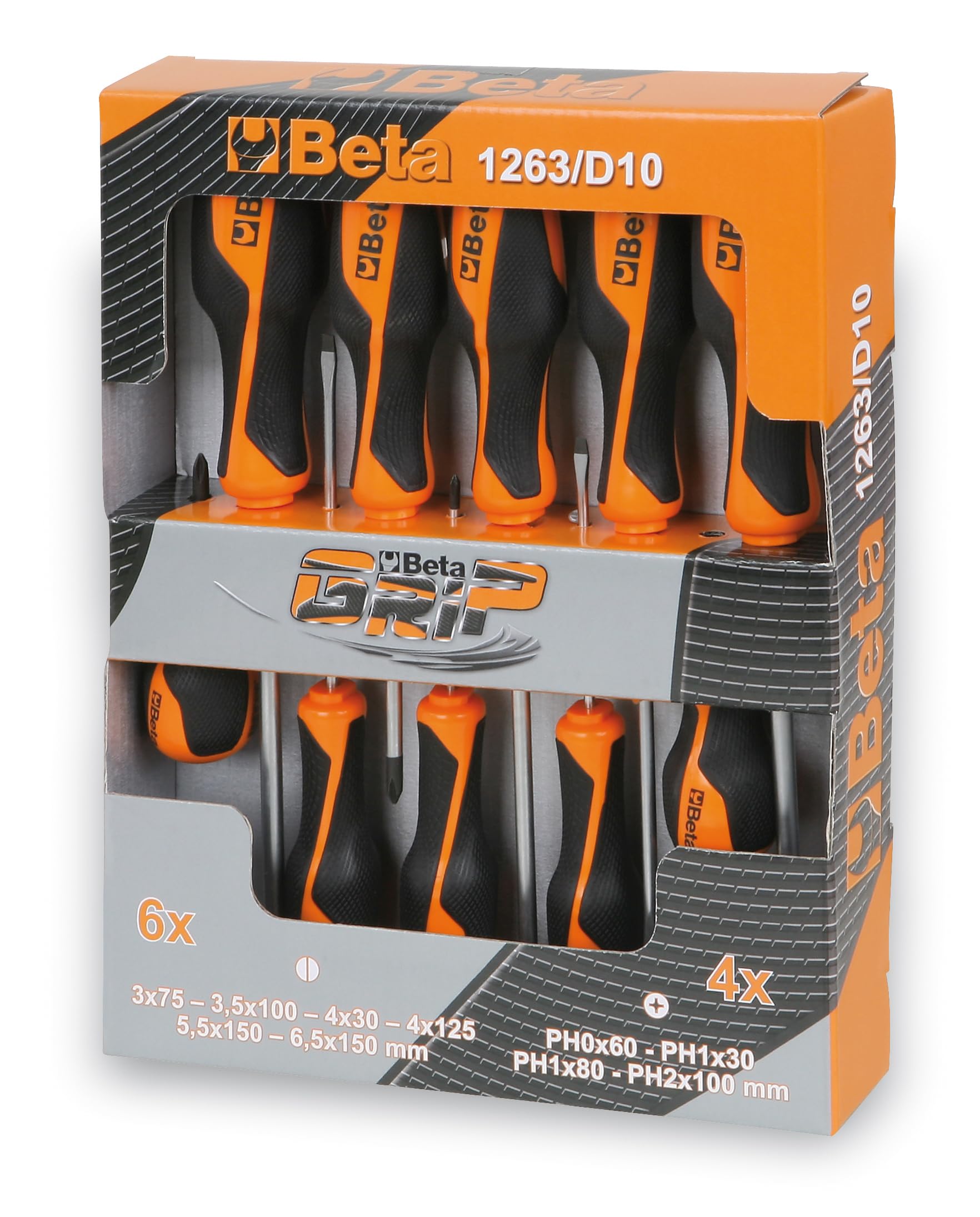 Beta 12630010 Model 1263 /D10 Screwdrivers for Cross Head Phillips and Slotted Head Screws, 10 Pieces